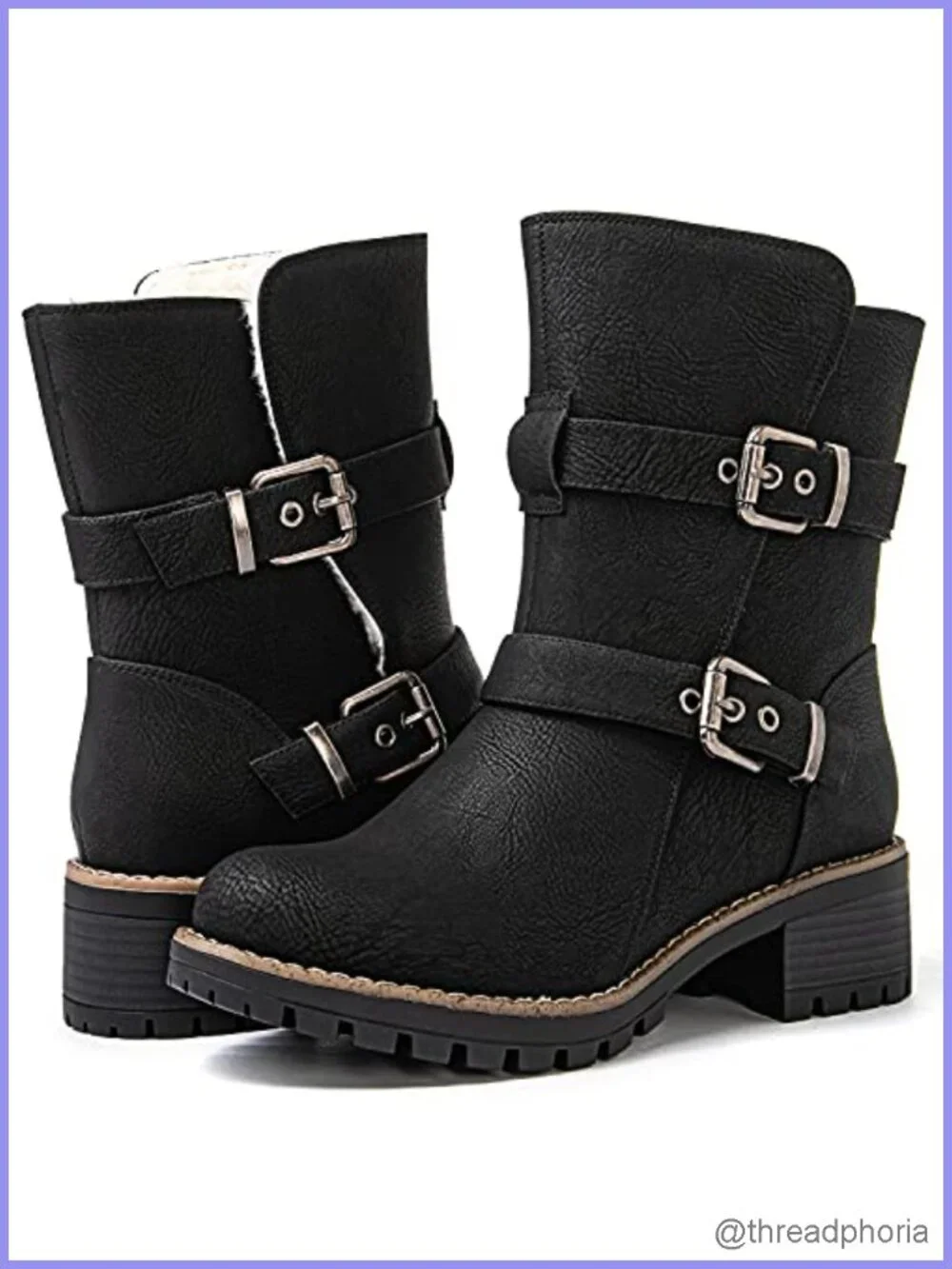 Faux Fur Lined Ankle Boots With Adjustable Double Buckles Moto Booties
